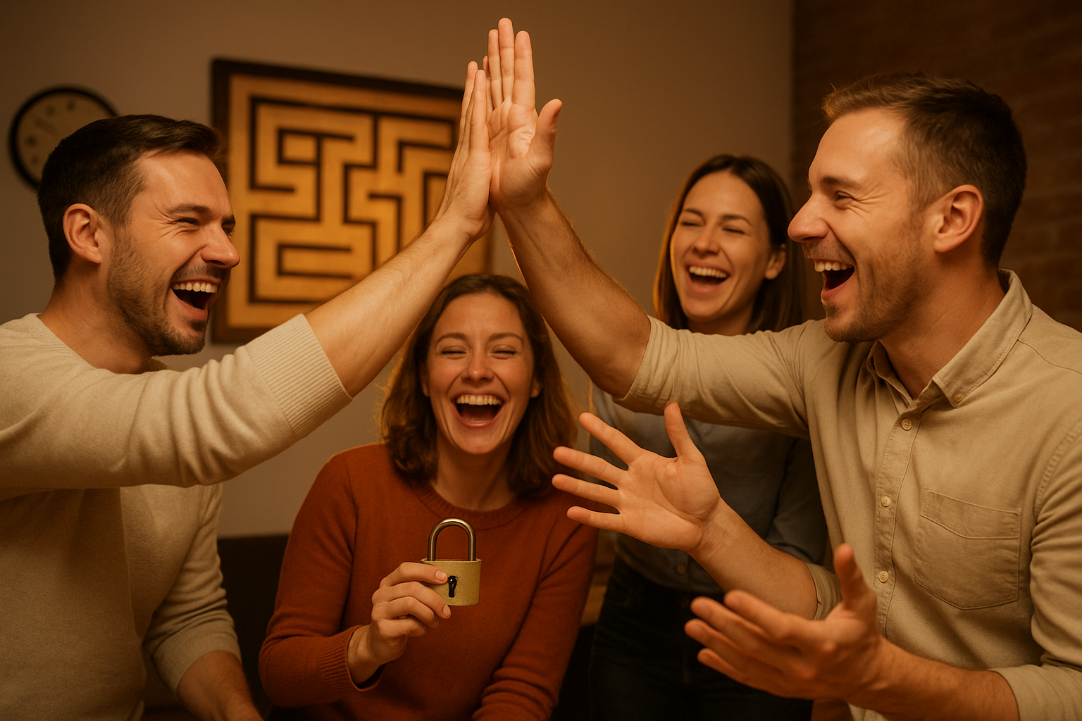 39cef98a-69f8-412f-91a9-d50e71a9fcbc Four friends celebrating after solving an escape room puzzle, high-fiving while holding an unlocked padlock