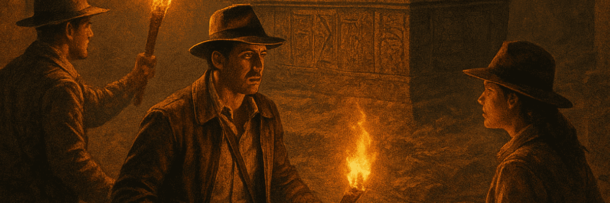 Three explorers holding flaming torches inside an ancient Egyptian tomb
