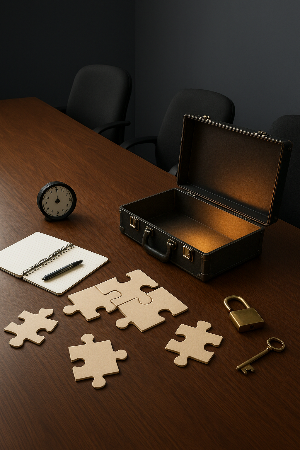 Escape room puzzle setup with an open briefcase, jigsaw pieces, padlock, key, notebook and countdown clock