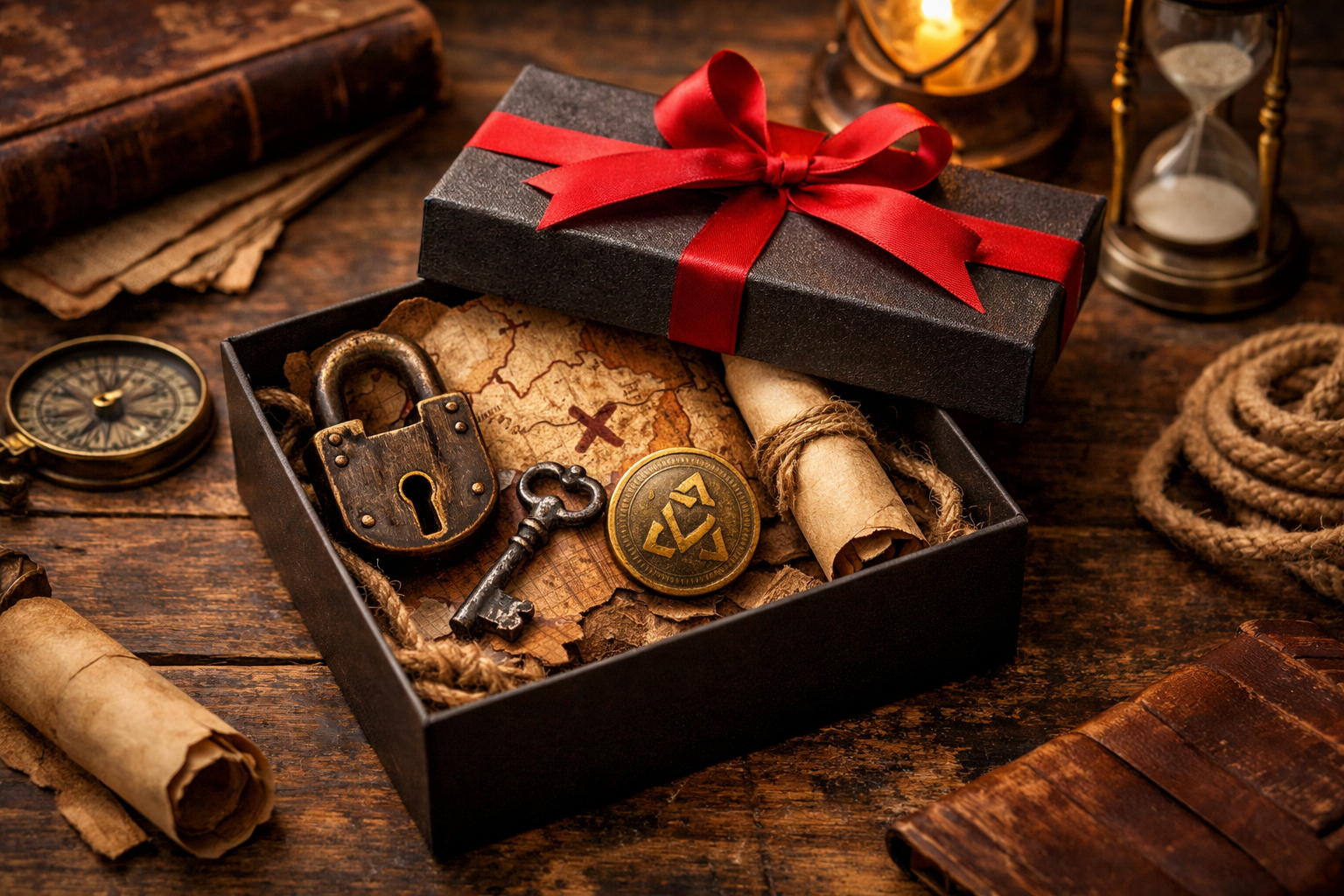 19103b15-5276-4b28-89db-3863446a4d31 Gift box with escape room related items - map, key and padlock.